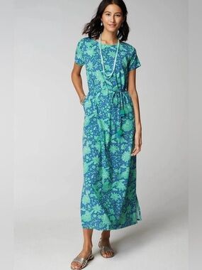 J.JIll Cap-Sleeve Maxi Dress Floral Blue Womens Petite Medium Casual Vacation